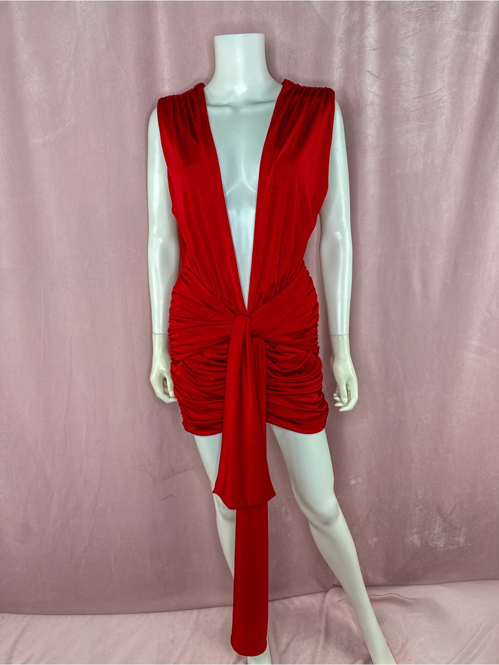 HOUSE OF CB Womens Aliza Red Ruched Jersey Mini Dress Medium Sexy V Neck